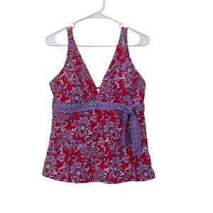 Alex Marie Women Purple Floral Print Swim Tankini Top SZ L Tie Front Padded Cup
